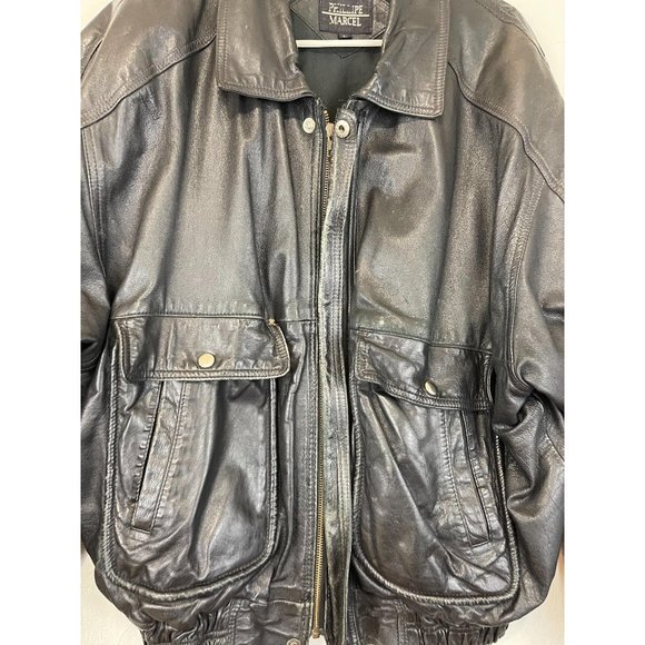 Men's Phillipe Marcel Large Black Leather Coat Zip - Picture 2 of 8